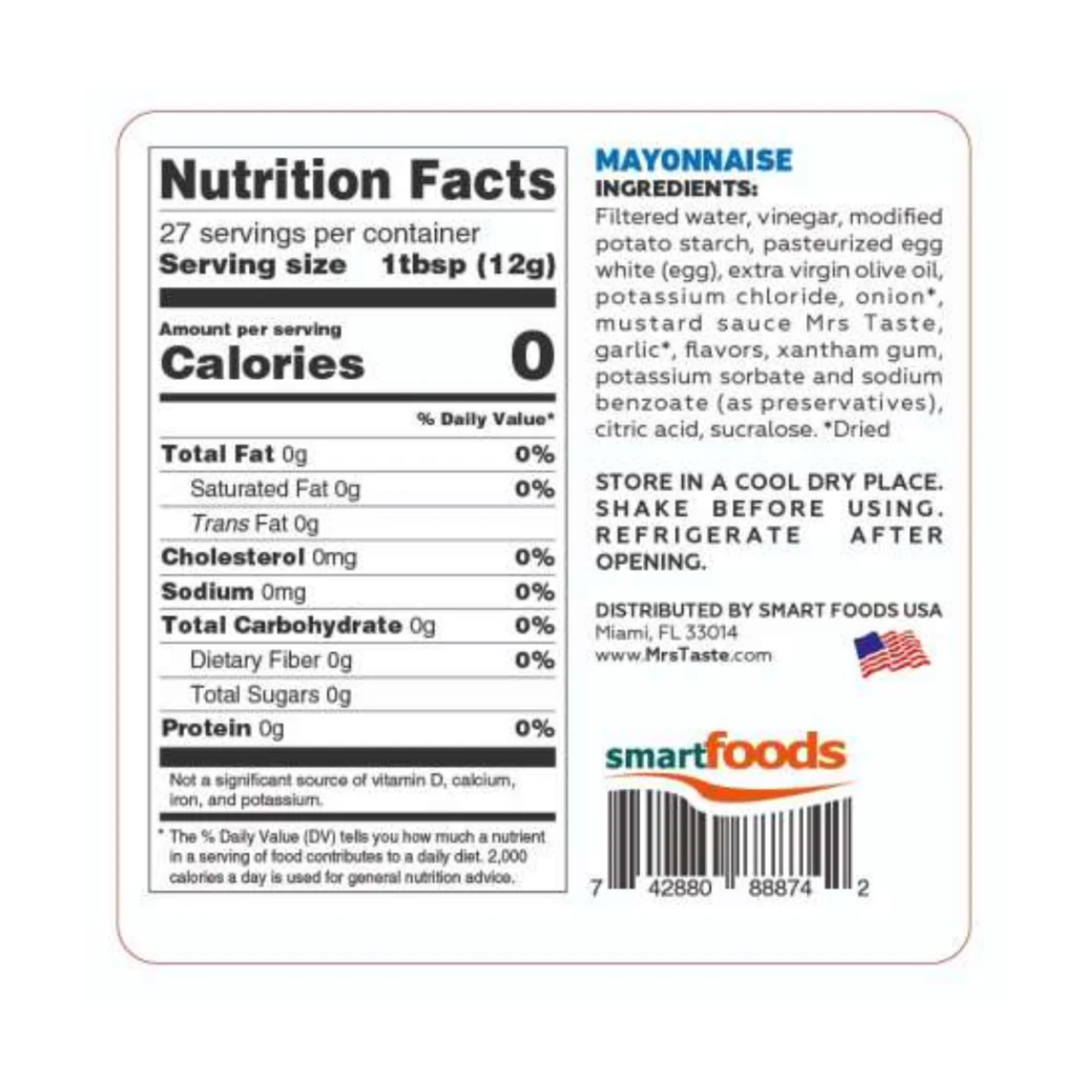 Mrs Taste Mayonnaise with Garlic Zero Calories 11 oz