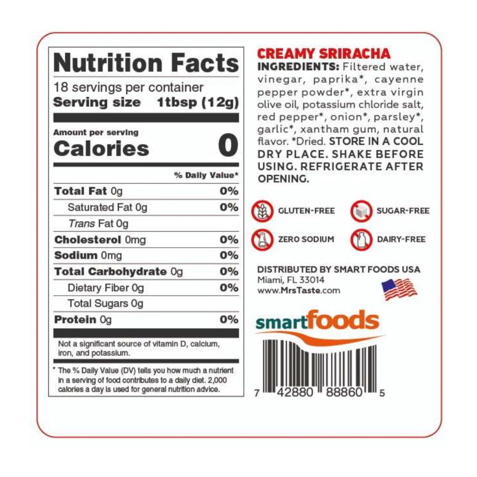 Mrs Taste Creamy Sriracha Zero Calories 7 oz