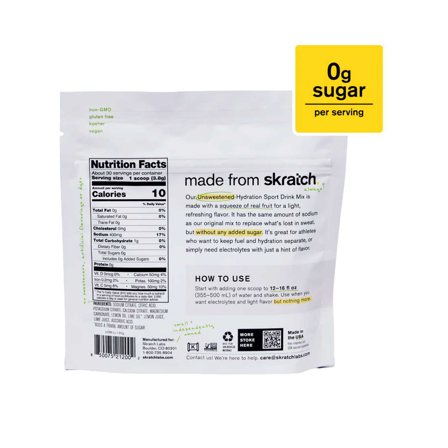 Unsweetened Hydration Sport Drink Mix Lemon + Lime, 30 Porciones