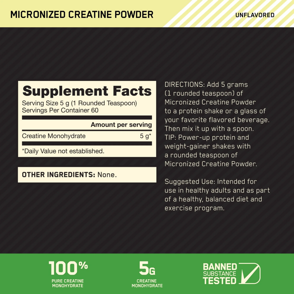 Optimum Nutrition Creatina Monohidratada Micronizada, 60 Porciones
