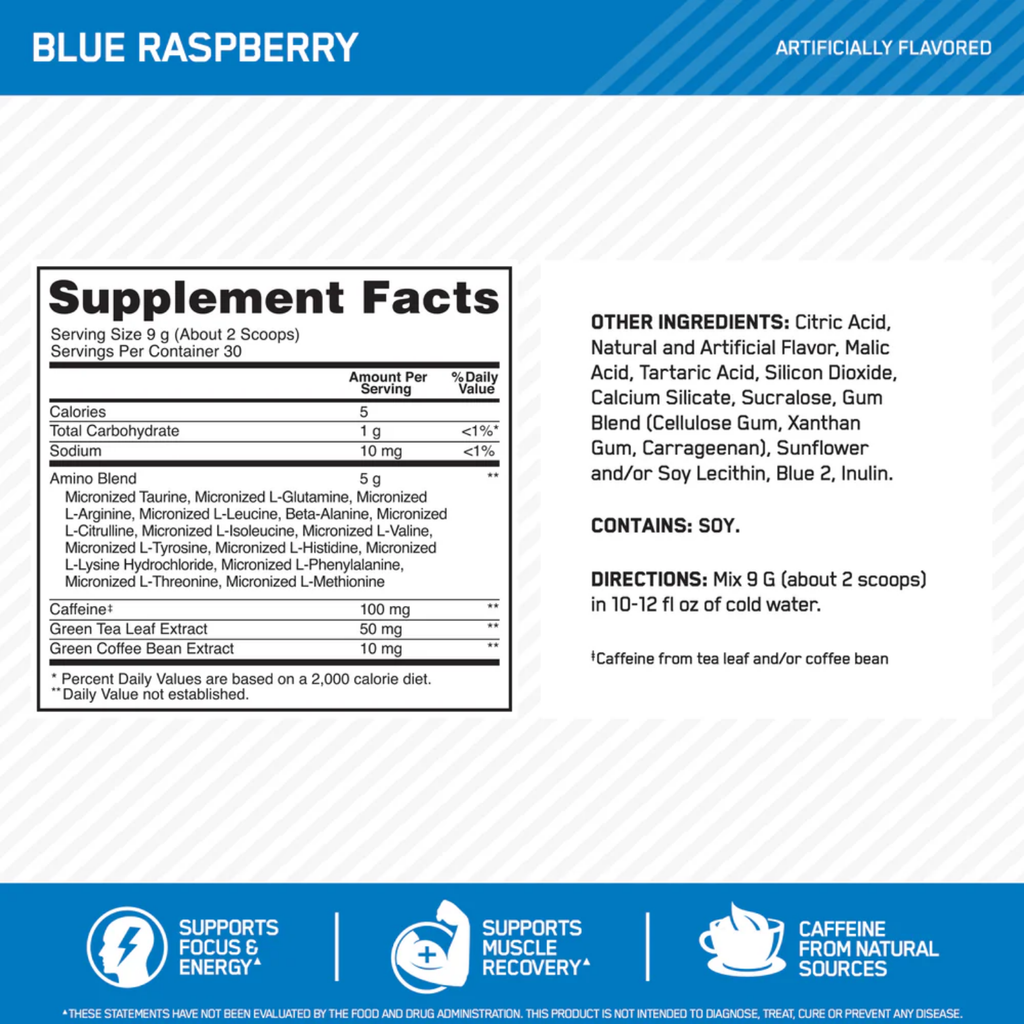 Optimum Nutrition Amino Energy Blue Raspberry, 30 Porciones