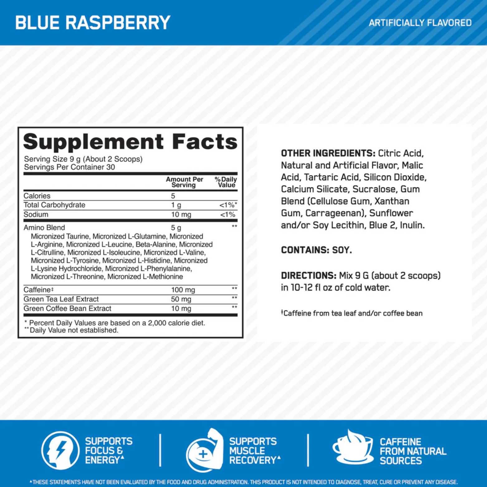 Optimum Nutrition Amino Energy Blue Raspberry, 30 Porciones