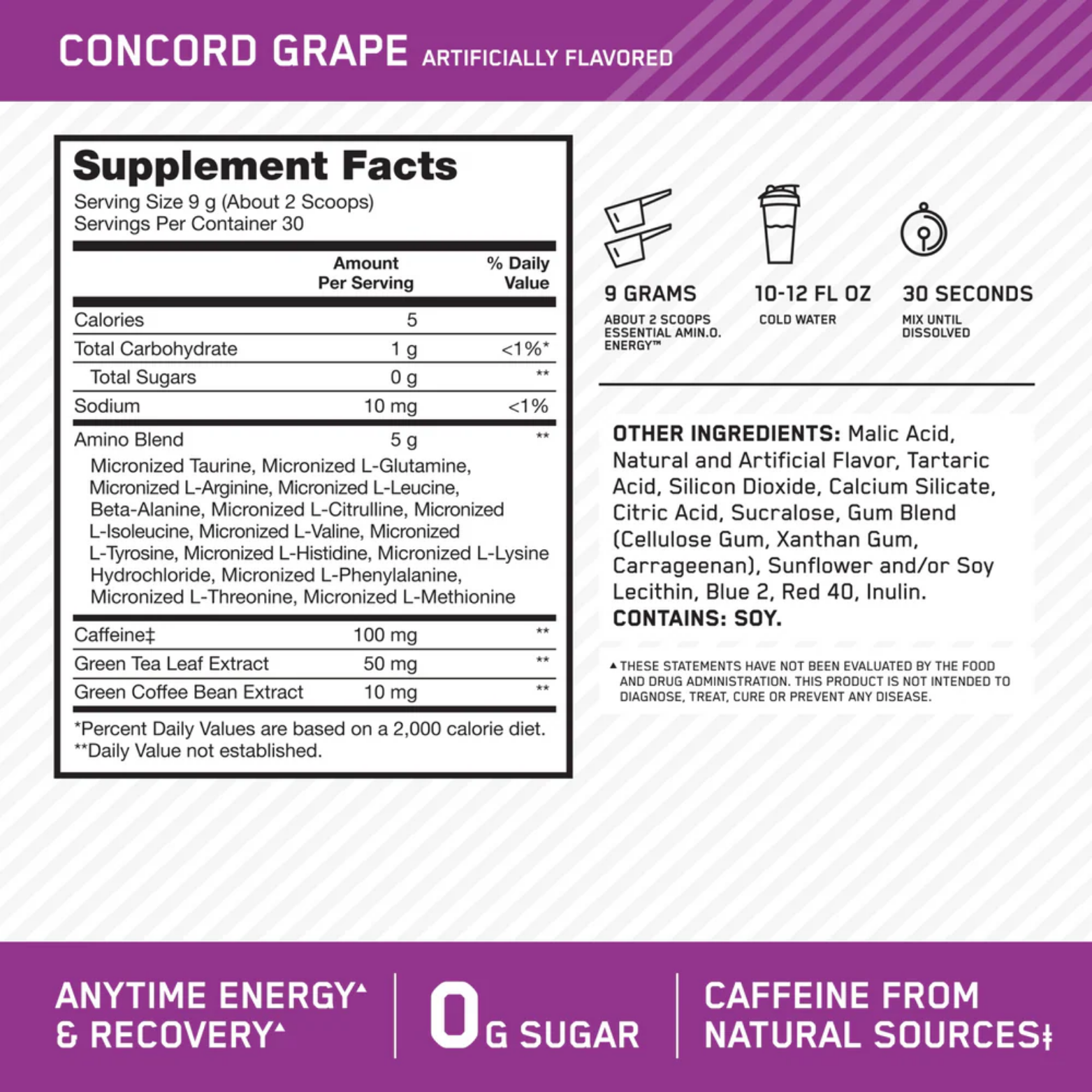Optimum Nutrition Amino Energy Concord Grape, 30 Porciones