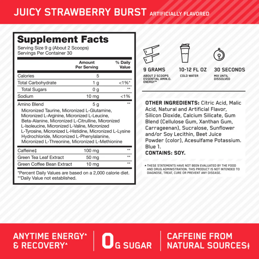 Optimum Nutrition Amino Energy Juicy Strawberry Burst, 30 Porciones