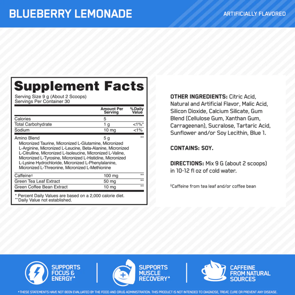 Optimum Nutrition Amino Energy Blueberry Lemonade, 30 Porciones