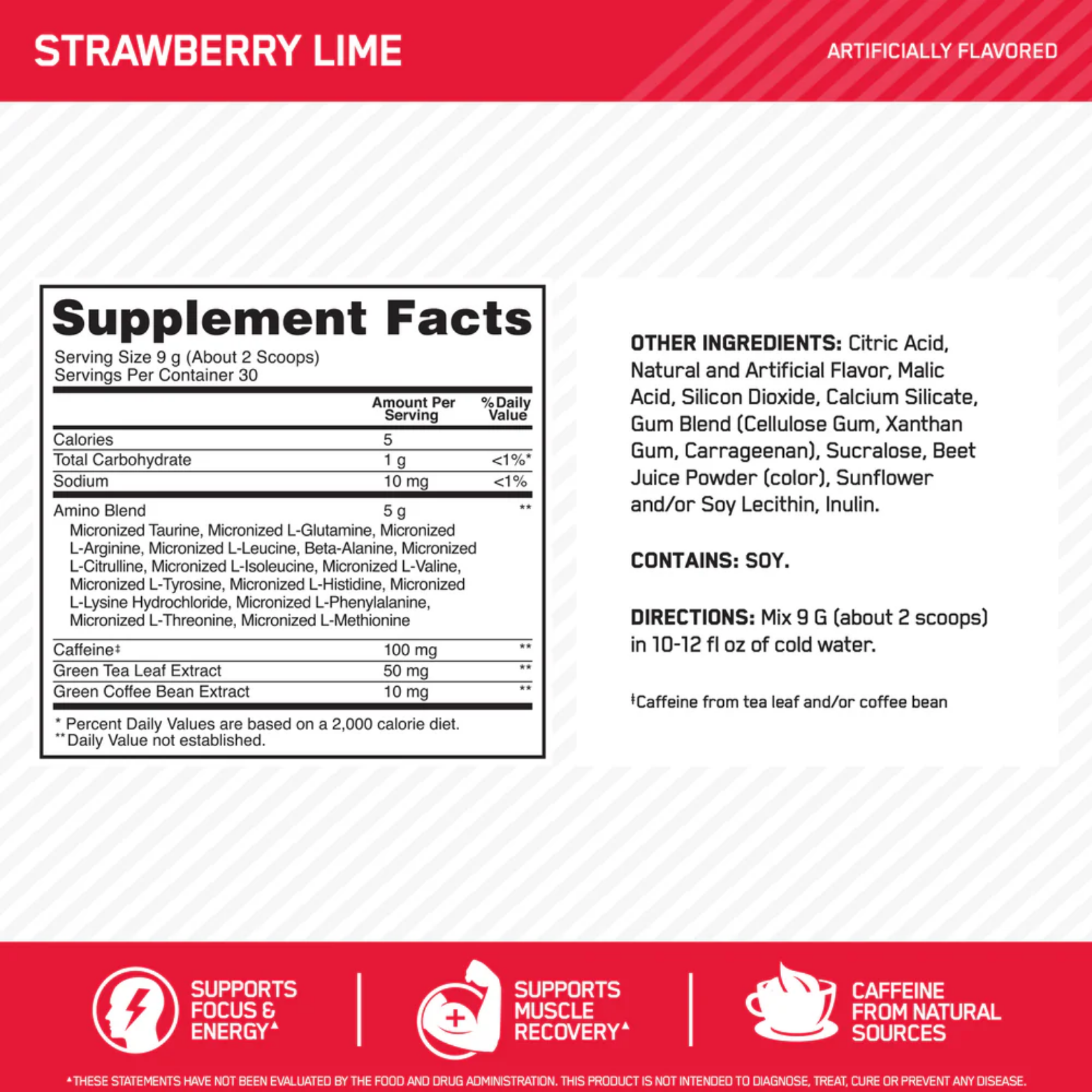 Optimum Nutrition Amino Energy Strawberry Lime, 30 Porciones