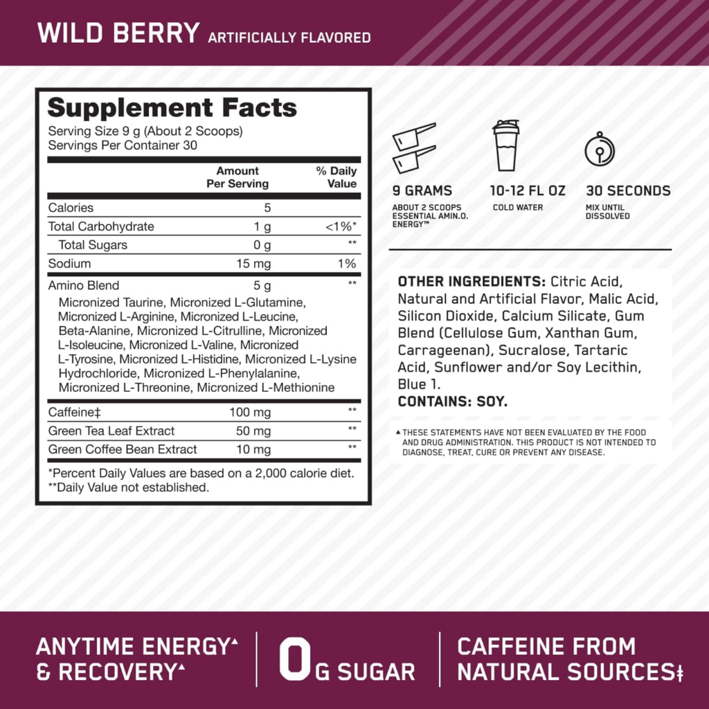 Optimum Nutrition Amino Energy Wild Berry, 30 Porciones