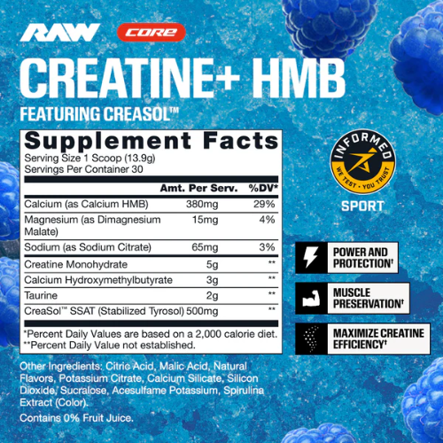 RAW Creatine + HBM Blue Raspberry, 30 Porciones