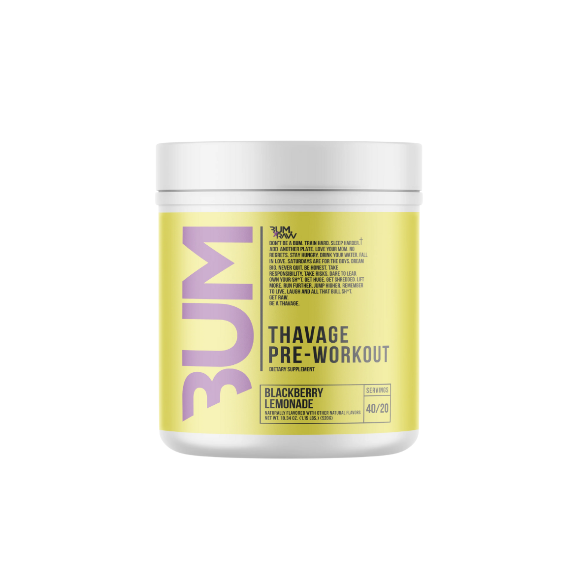 Pre-entreno BUM x RAW Thavage Blackberry Lemonade, 40/20 porciones