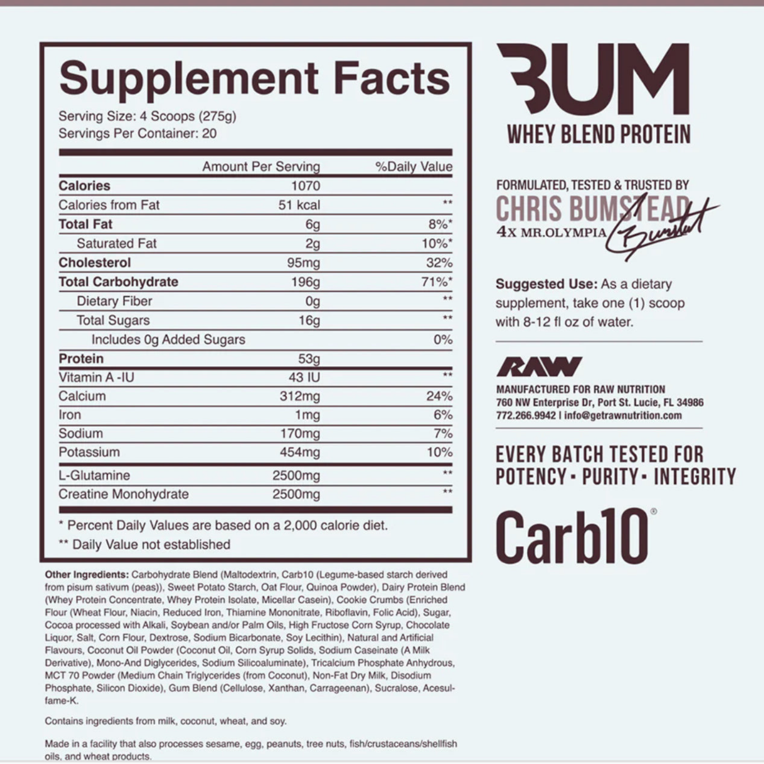 RAW X BUM Mass Gainer Cookies and Cream, 20 Porciones